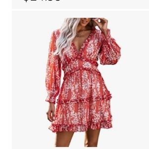 Dokotoo Womens Deep V Neck Ruffle Long Sleeve Floral Print Mini Dress NWT